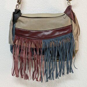 Block Fringe Genuine Leather Boho Crossbody Sling Bag - Brown and Gray Color